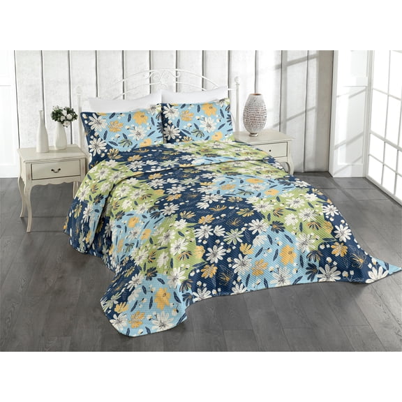 Ambesonne Floral Quilted Coverlet 2 Pcs, Spring Flowers Artwork Boho, Twin Size, Avocado Green and Pale Blue
