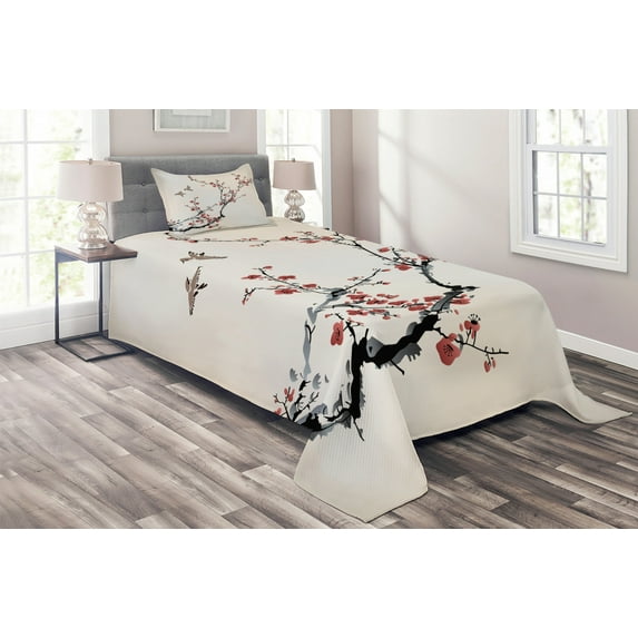 Ambesonne Floral Quilted Coverlet 2 Pcs, Style Art Birds, Twin Size, Pale Maroon Black