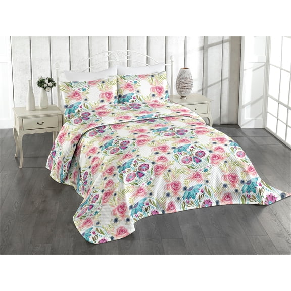 Ambesonne Floral Quilted Coverlet 2 Pcs, Sugar Skulls Flowers Plot, Twin Size, Pastel Pink Turquoise