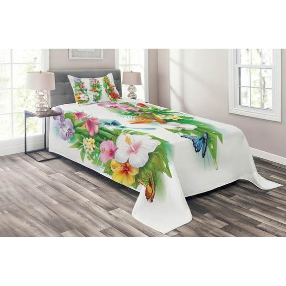 Ambesonne Floral Quilted Coverlet 2 Pcs, Tropic Christmas, Twin Size, Multicolor