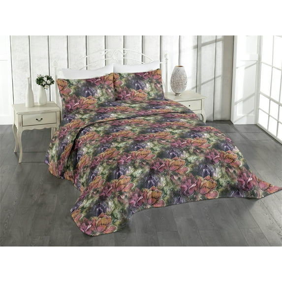 Ambesonne Floral Quilted Coverlet 2 Pcs, Tulip Flowers Summer Concept, Twin Size, Olive Green and Multicolor