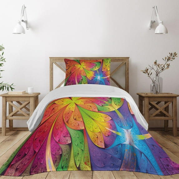 Ambesonne Floral Quilted Coverlet 2 Pcs, Vibrant Colored Pattern, Twin Size, Multicolor