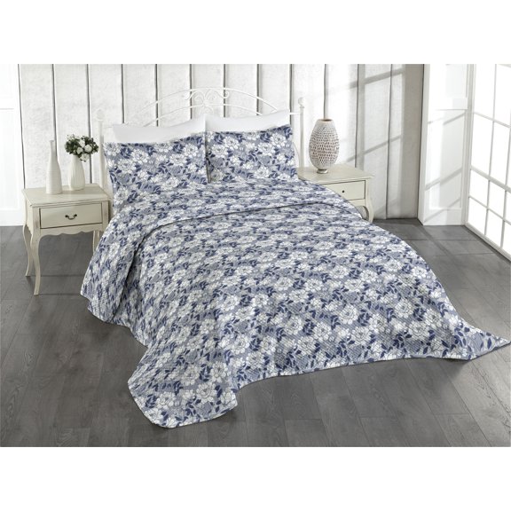 Ambesonne Floral Quilted Coverlet 2 Pcs, Vintage English Garden Roses, Twin Size, Indigo Ivory Blue Grey