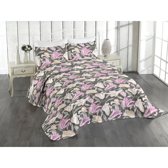 Ambesonne Floral Quilted Coverlet 2 Pcs, Vintage Lily Flowers Bloom, Twin Size, Grey Pink and Peach