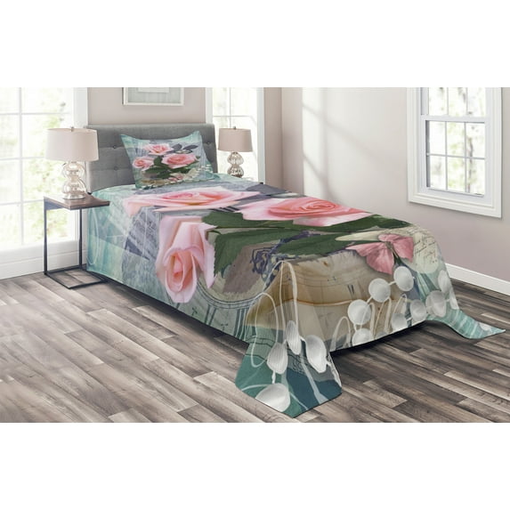 Ambesonne Floral Quilted Coverlet 2 Pcs, Vintage Rose Romance, Twin Size, Pink Grey