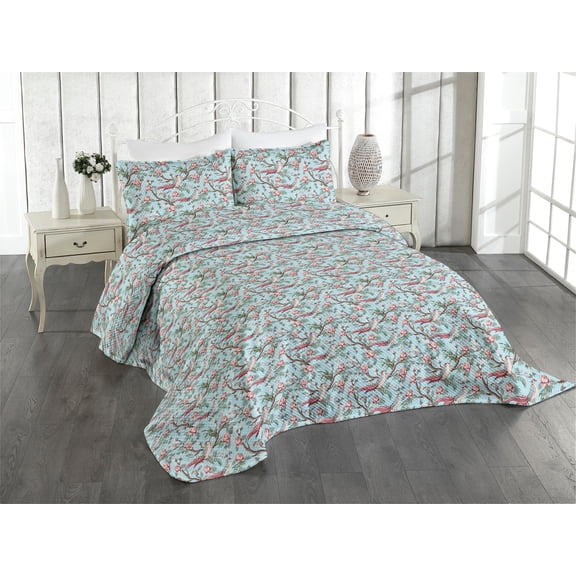 Ambesonne Floral Quilted Coverlet 2 Pcs, Vintage Style Bird Print, Twin Size, Soft Blue and Dried Rose