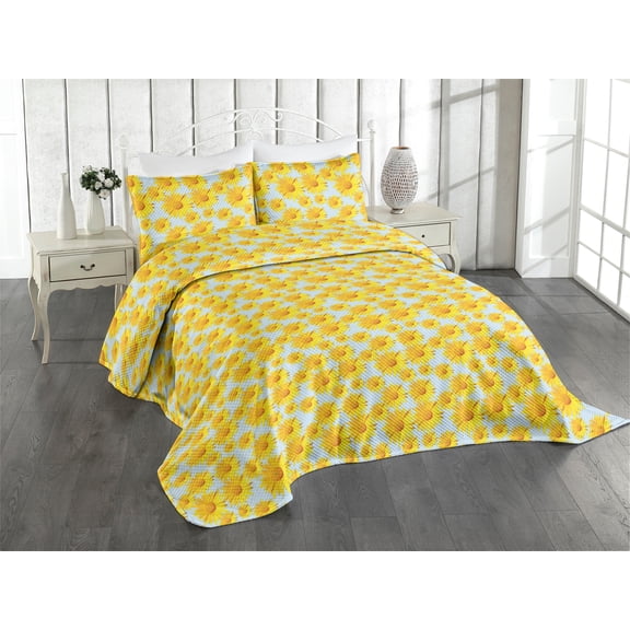 Ambesonne Floral Quilted Coverlet 2 Pcs, Vintage Sunflower Sky Art, Twin Size, Soft Blue Marigold Yellow