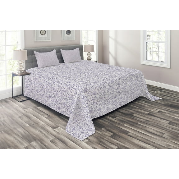 Ambesonne Floral Quilted Coverlet 3 Pcs, Abstract Curly Foliage, King Size, Pale Mauve and Lavender
