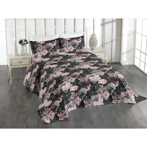Ambesonne Floral Quilted Coverlet 3 Pcs, Art Secret Peony Hydrengea, King Size, Jade Green Pale Mauve