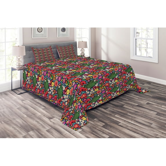 Ambesonne Floral Quilted Coverlet 3 Pcs, Asters Chamomiles and Ferns, Queen Size, Multicolor
