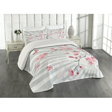 Ambesonne Floral Quilted Coverlet 3 Pcs, Birds on Cherry Tree, King Size, Pale Grey Pink