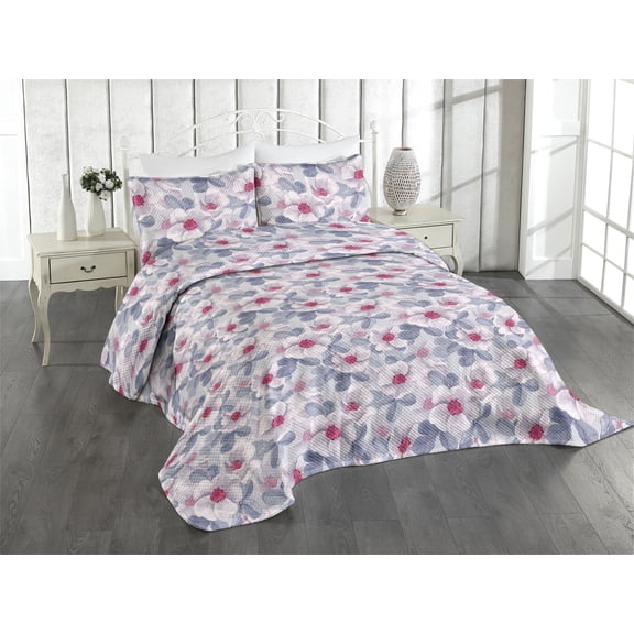 Ambesonne Floral Quilted Coverlet 3 Pcs, Blooming Art Spring Flowers, Queen Size, Ceil Blue Dark Coral