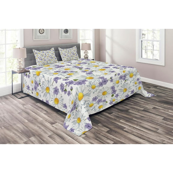 Ambesonne Floral Quilted Coverlet 3 Pcs, Blossoming Wild Flowers, King Size, White Yellow Purple