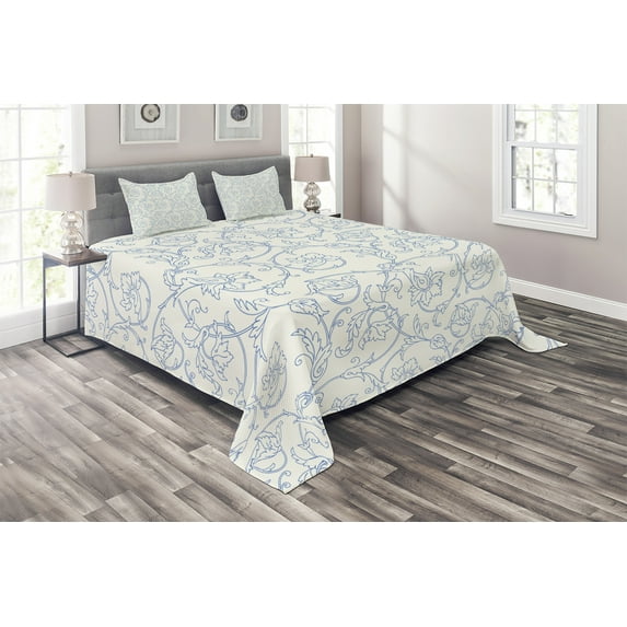 Ambesonne Floral Quilted Coverlet 3 Pcs, Bohemian Vintage Orchids, King Size, Cream and Blue