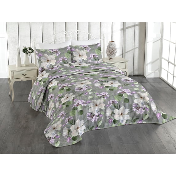 Ambesonne Floral Quilted Coverlet 3 Pcs, Botanical Garden Eucalyptus, King Size, Lilac and Dark Sea Green