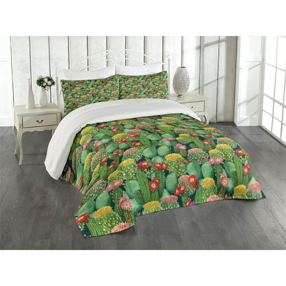 Ambesonne Floral Quilted Coverlet 3 Pcs, Cactus Flowers Garden, Queen Size, Multicolor