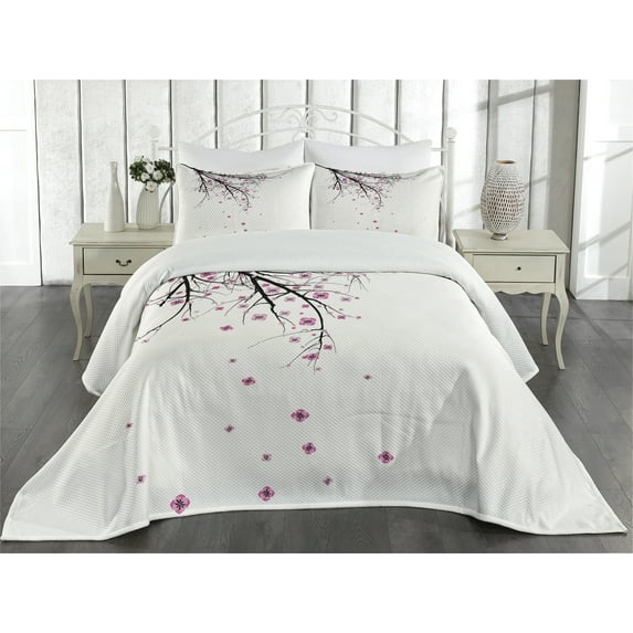 Ambesonne Floral Quilted Coverlet 3 Pcs, Cherry Blossom Flower, King Size, Pink Black