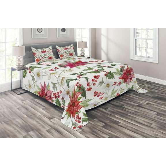 Ambesonne Floral Quilted Coverlet 3 Pcs, Christmas Flowers Buds, King Size, Pink Green White