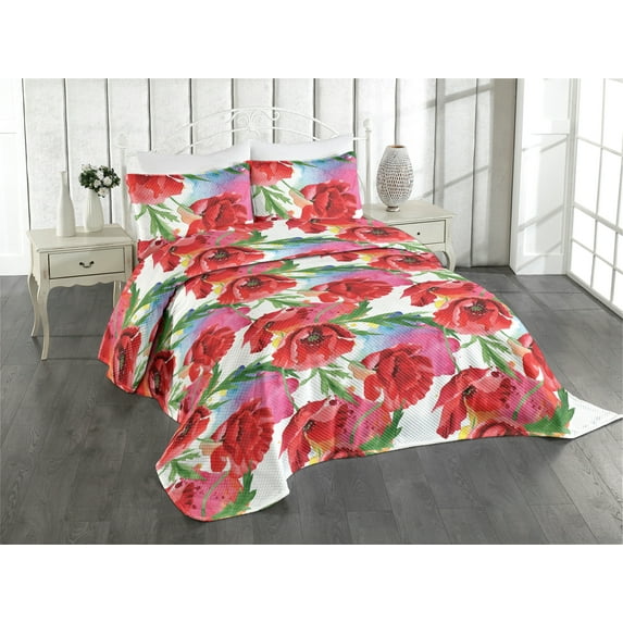 Ambesonne Floral Quilted Coverlet 3 Pcs, Colorful Flower Garden Poppy, King Size, Vermilion Green Pink