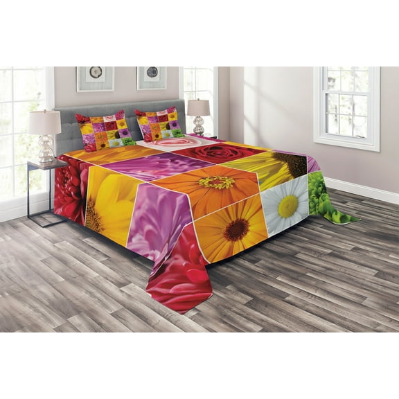 Ambesonne Floral Quilted Coverlet 3 Pcs, Colorful Flowers Rose, Queen Size, Orange Yellow Pink