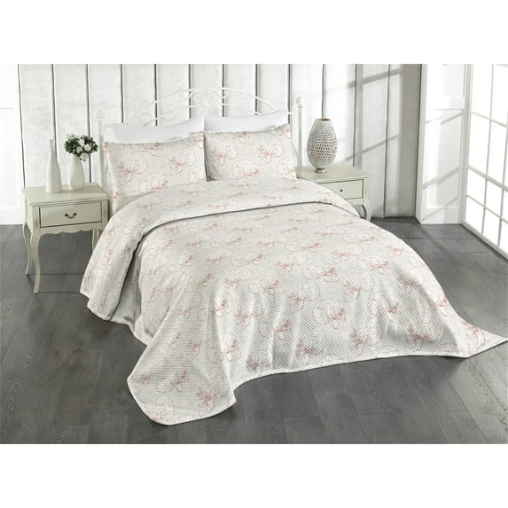 Ambesonne Floral Quilted Coverlet 3 Pcs, Flower Leafy Skull Damask, King Size, Dark Salmon Eggshell