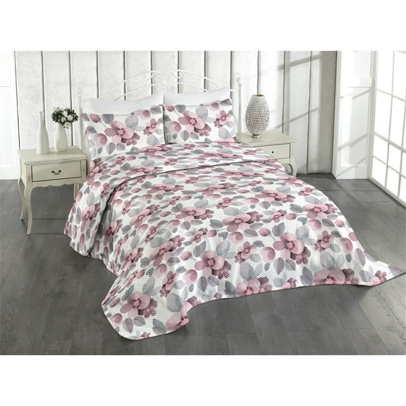 Ambesonne Floral Quilted Coverlet 3 Pcs, Flower Sketch Romantic Hues, King Size, Dimgray Dried Rose