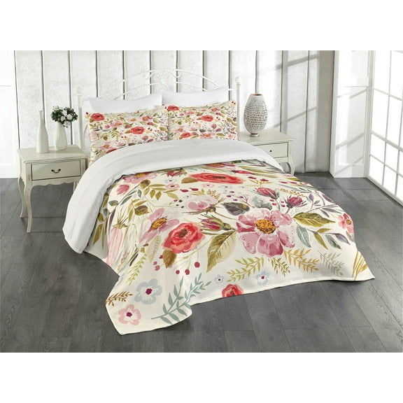 Ambesonne Floral Quilted Coverlet 3 Pcs, Flowers Roses Blooms, King Size, Multicolor