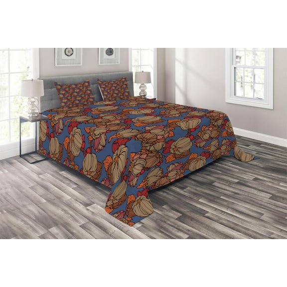 Ambesonne Floral Quilted Coverlet 3 Pcs, Funk Art Flower Pattern, King Size, Blue and Brown