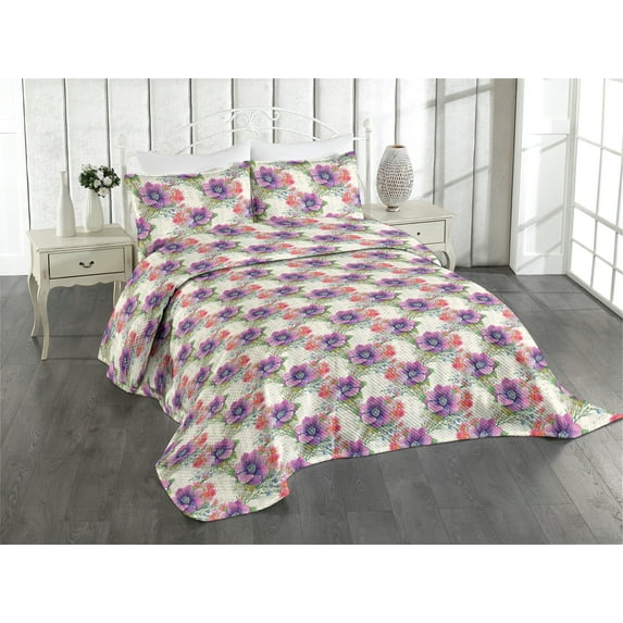 Ambesonne Floral Quilted Coverlet 3 Pcs, Garden of Spring Flowers, Queen Size, Pale Purple Multicolor
