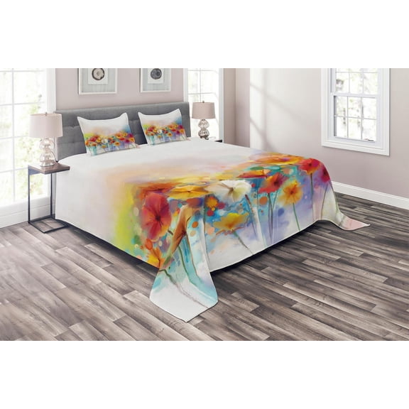 Ambesonne Floral Quilted Coverlet 3 Pcs, Gerbera Flower Bouquet, Queen Size, Red Orange