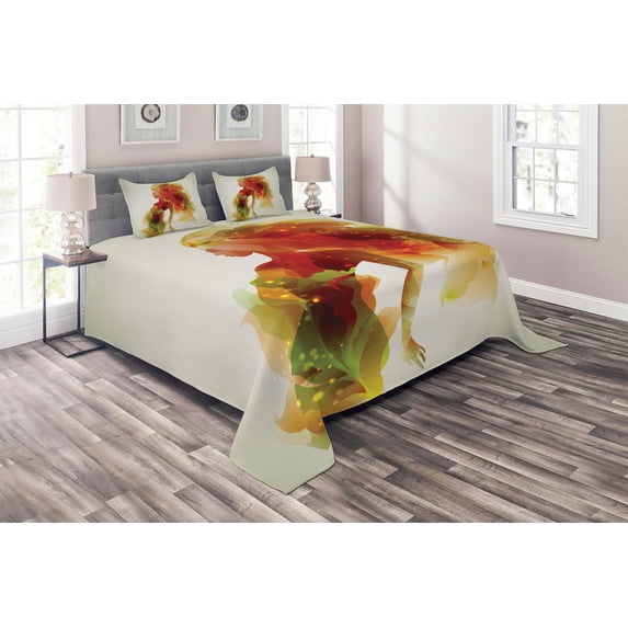 Ambesonne Floral Quilted Coverlet 3 Pcs, Girl Abstract Lady, King Size, Eggshell Orange