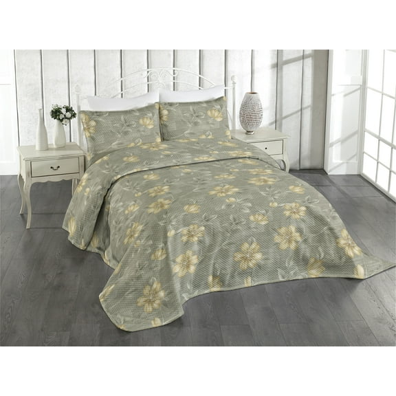 Ambesonne Floral Quilted Coverlet 3 Pcs, Grunge Atmosphere Flowers, King Size, Pale Olive Green