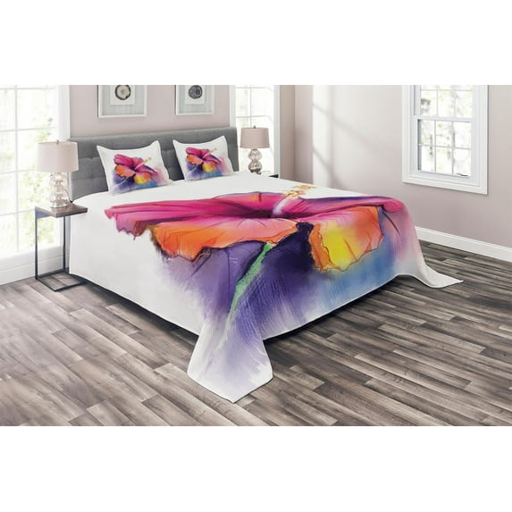 Ambesonne Floral Quilted Coverlet 3 Pcs, Hibiscus Flower Pastel, Queen Size, Multicolor