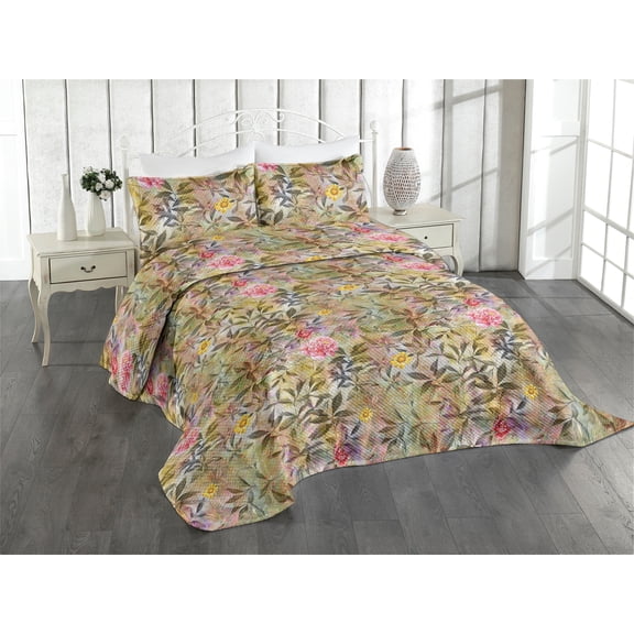 Ambesonne Floral Quilted Coverlet 3 Pcs, Leaf Prints Summer Flowers, King Size, Khaki Sepia and Pink