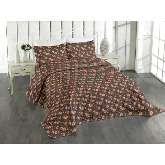Ambesonne Floral Quilted Coverlet 3 Pcs, Leafy Ivy Branches Flowers, Queen Size, Green Brown Plum Peach
