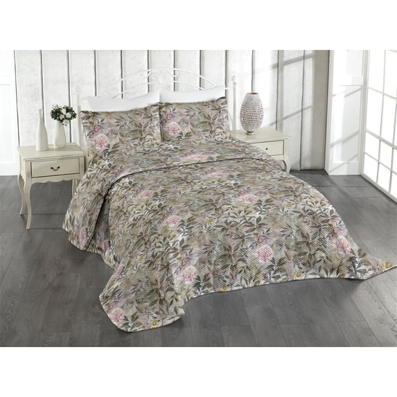 Ambesonne Floral Quilted Coverlet 3 Pcs, Leaves Wild Roses Chamomiles, Queen Size, Sage Green Taupe and Blush