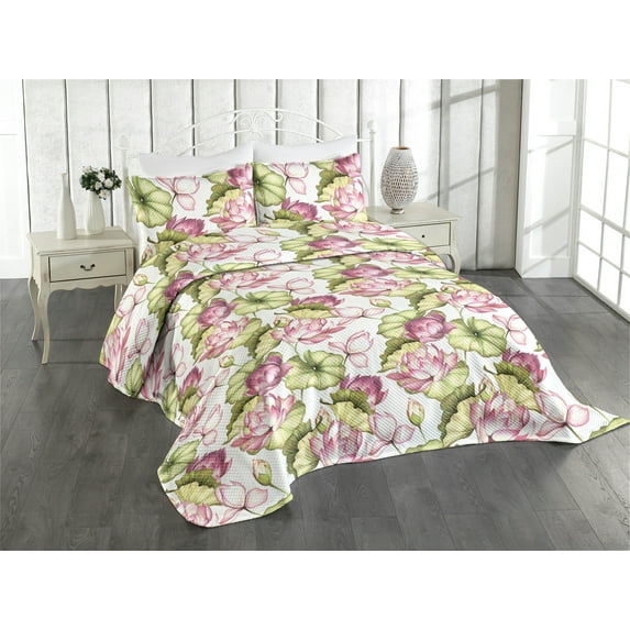 Ambesonne Floral Quilted Coverlet 3 Pcs, Lotus Petals Leaves Pattern, Queen Size, Pink and Olive Green