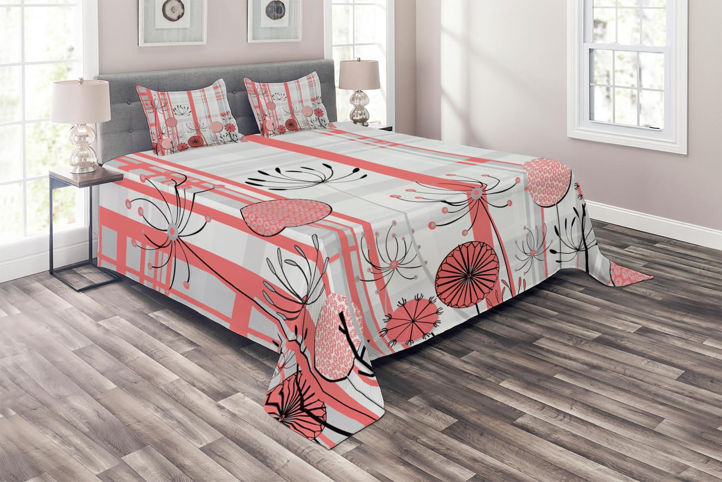 Ambesonne Floral Quilted Coverlet 3 Pcs, Modern Abstract Botanical ...
