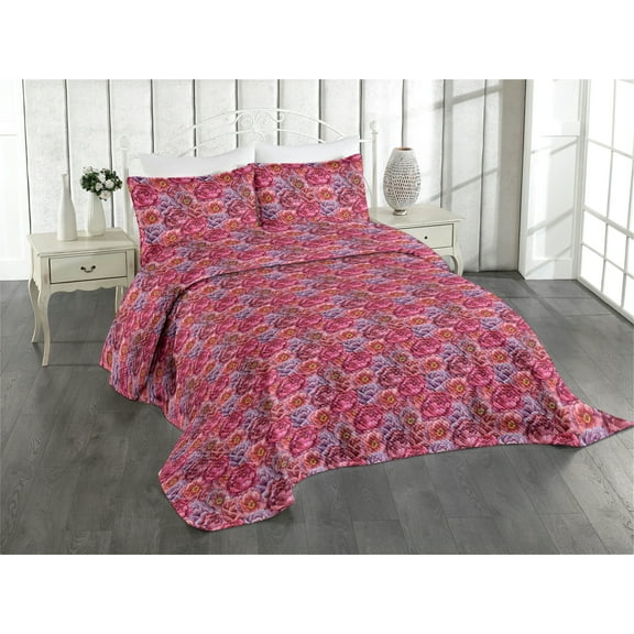 Ambesonne Floral Quilted Coverlet 3 Pcs, Nature Peony Spring Season, Queen Size, Pink Coral and Lilac