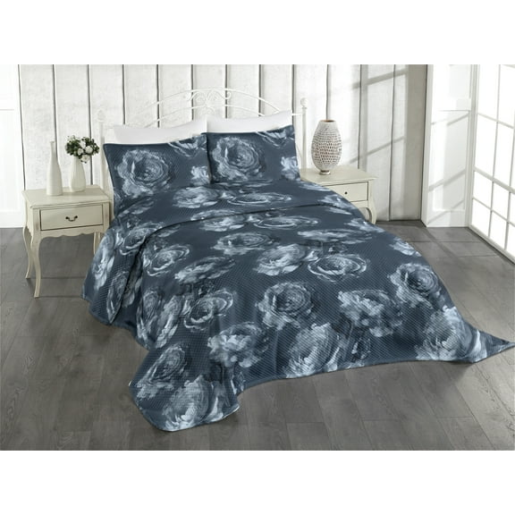 Ambesonne Floral Quilted Coverlet 3 Pcs, Nostalgia Art Peony Flowers, King Size, Dark Slate Blue
