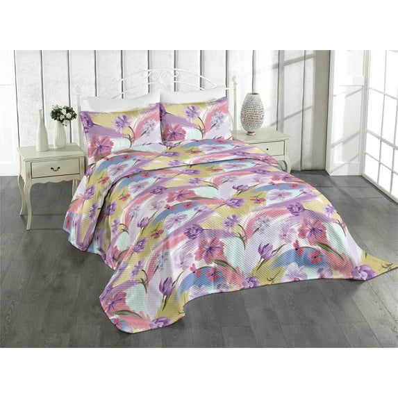 Ambesonne Floral Quilted Coverlet 3 Pcs, Oil Painting Look Flowers, Queen Size, Lilac Blush and Khaki