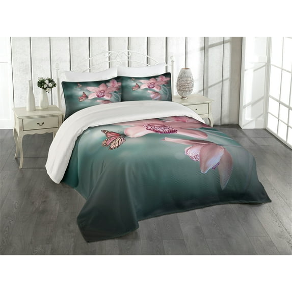 Ambesonne Floral Quilted Coverlet 3 Pcs, Orchid Flower Butterfly, Queen Size, Jade Green Pale Pink