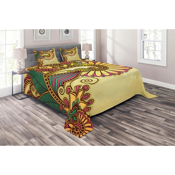 Ambesonne Floral Quilted Coverlet 3 Pcs, Paisley Flowers Leaves, King Size, Multicolor