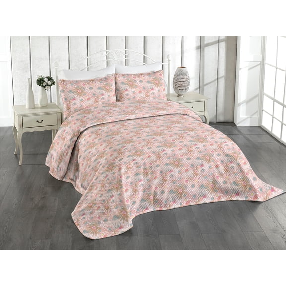 Ambesonne Floral Quilted Coverlet 3 Pcs, Pastel Echinacea Flowers Art, King Size, Blush and Cadet Blue