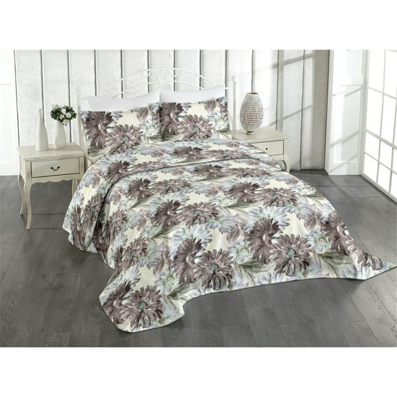 Ambesonne Floral Quilted Coverlet 3 Pcs, Pastel Gerbera Artwork Retro, King Size, Ivory and Dark Warm Taupe