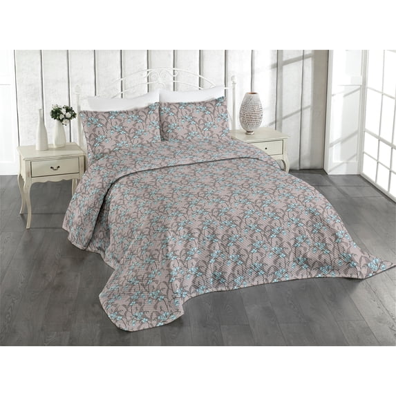 Ambesonne Floral Quilted Coverlet 3 Pcs, Petals and Leafy Branches, King Size, Warm Taupe Soft Blue