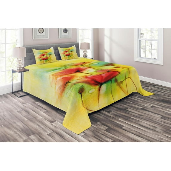 Ambesonne Floral Quilted Coverlet 3 Pcs, Poppy Flowers Blossom, King Size, Yellow Red