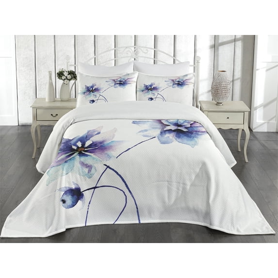 Ambesonne Floral Quilted Coverlet 3 Pcs, Retro Flowers Watercolor, Queen Size, White Purple Blue
