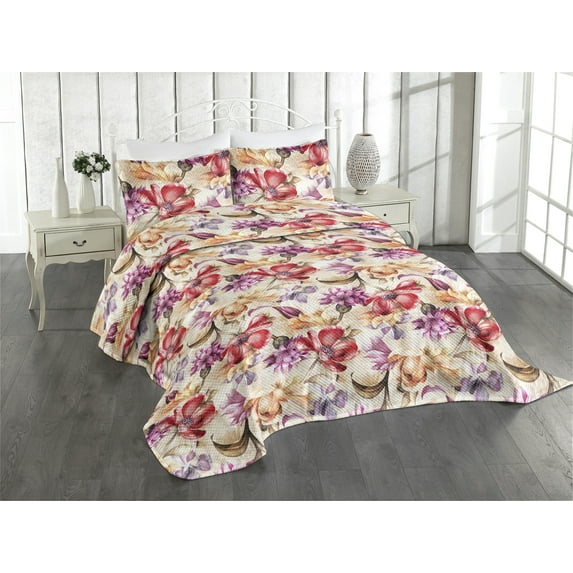 Ambesonne Floral Quilted Coverlet 3 Pcs, Retro Flowers Wild Botany, King Size, Peach Fuchsia and Dark Coral