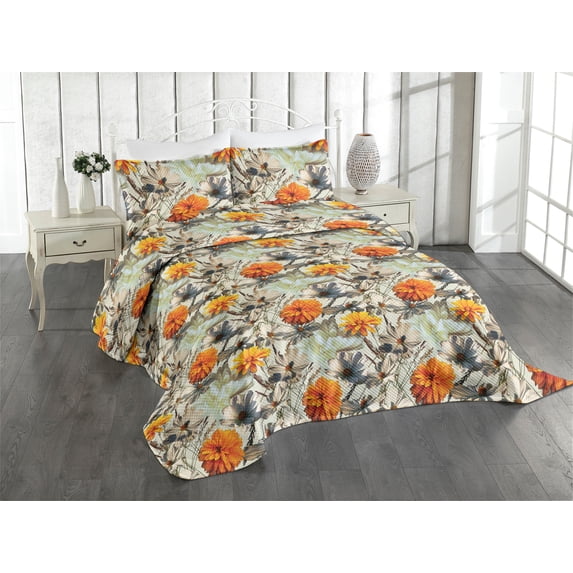 Ambesonne Floral Quilted Coverlet 3 Pcs, Retro Garden Flower Petals, Queen Size, Marigold Ivory and Eggshell